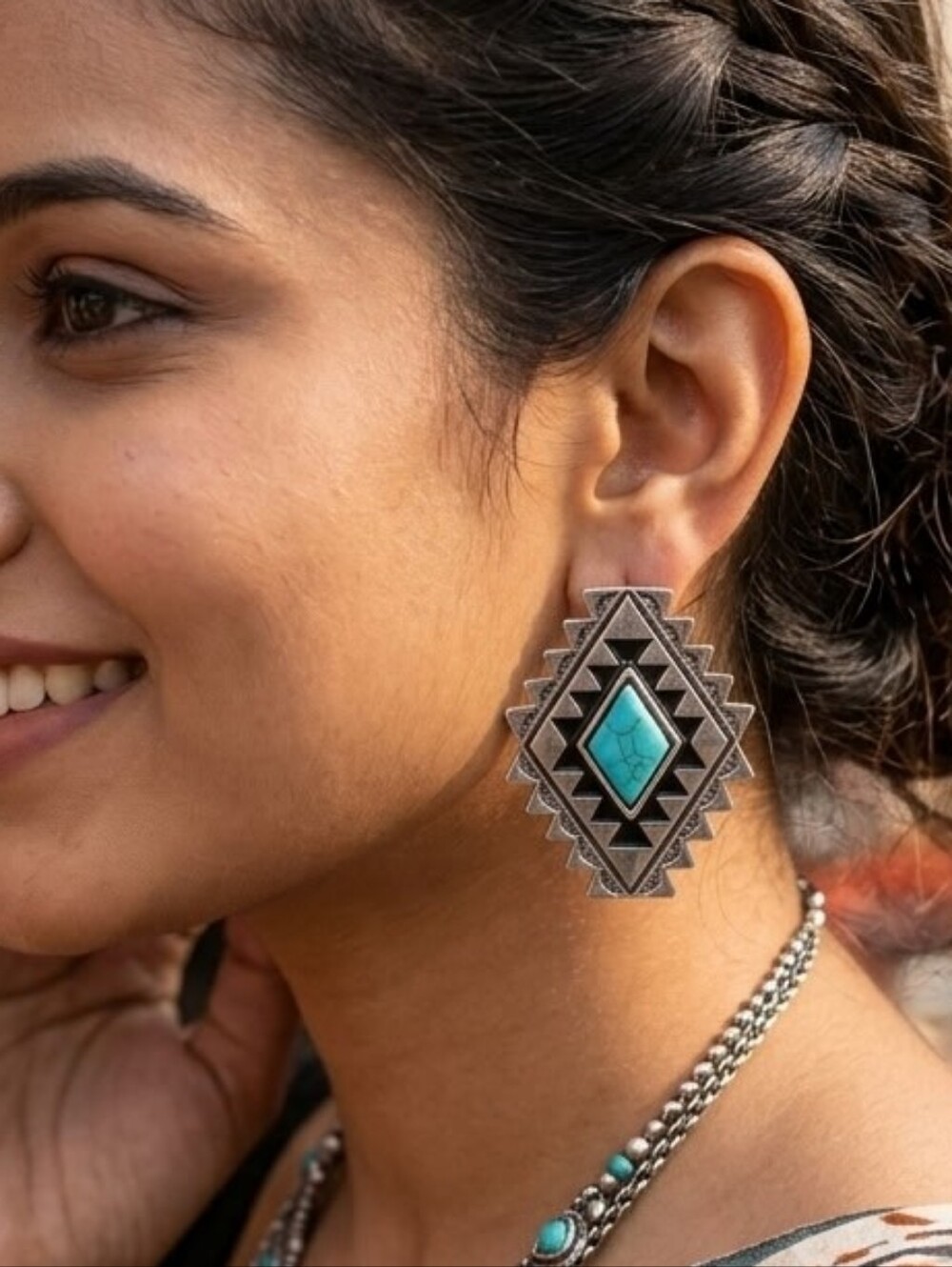 Tipi Silver-Tone Turquoise Diamond Geometric Stud Earrings NWT